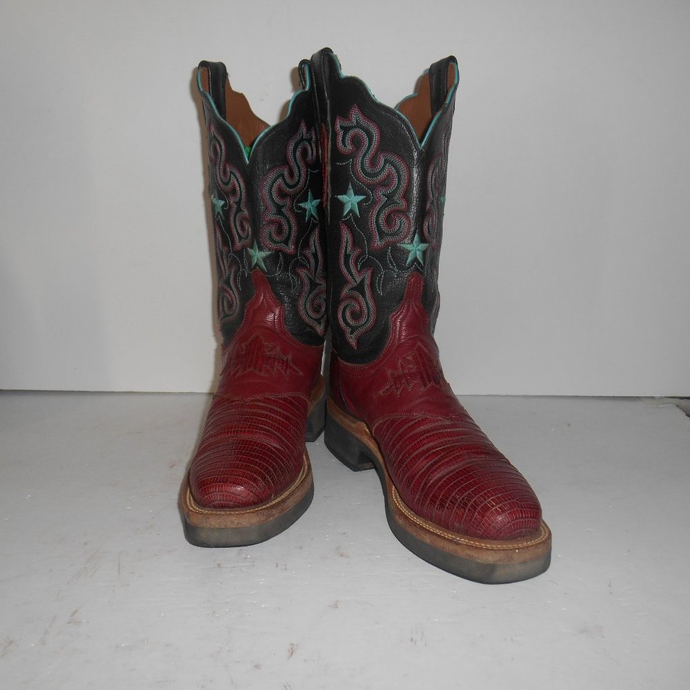 7 B Lucchese 2000 Lone Star Raspberry & Black Lizard Crepe Sole Boots